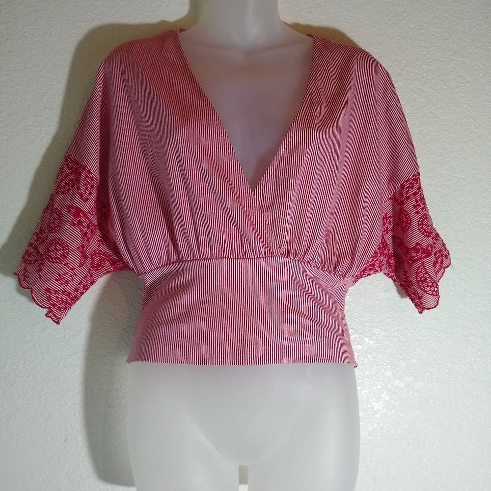 Zara red white striped top shirt blouse embroidery